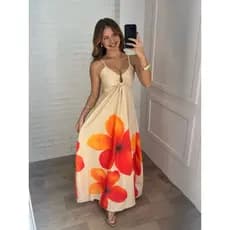 Vestido Longo Feminino Estampado Floral Alça Fina Verão Luxo