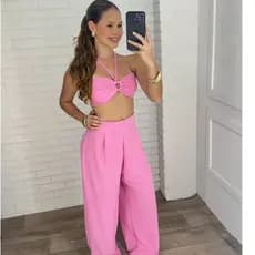 Conjunto Feminino Cropped Argola e Calça Pantalona Cintura Alta Conjunto Elegante Moda Verão