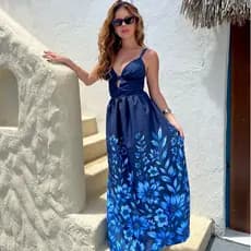 Vestido Feminino Longo Floral Verão com Decote e Recorte Elegante