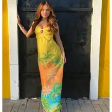 Vestido Longo Feminino Tati Tropical Estampado Verão Elegante Alças Regulável