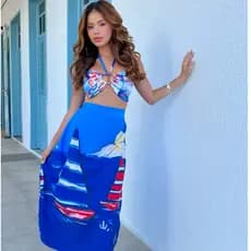Conjunto Feminino Top + Saia  Estampado Digital Verão Praia Náutico Elegance  Leve Moda Blogueira Paty Nordestina