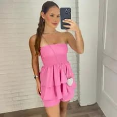 Conjunto Feminino Rosa Tomara que Caia com Babados e Short – Look Verão Moda Feminina
