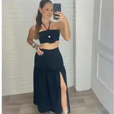 Conjunto Feminino Cropped Flor 3D e Saia Longa com Fenda – Look Elegante Moda Feminina