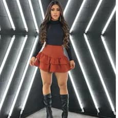 Conjunto Body Poliamida Saia Curta Babado Feminina Cintura Alta – Mini Saia Rodada Elegante Moda Blogueira