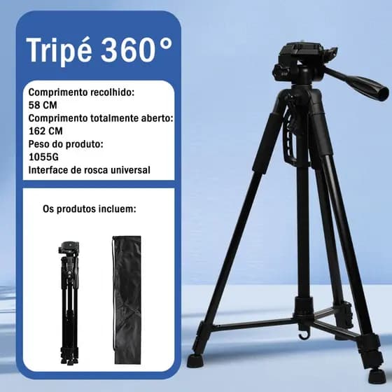 Tripé Profissional Para Câmera E Celular Universal 1,6 Mts+ Suporte Extensível