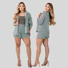 Conjunto Feminino Listras Finas 2026 Camisa e Short em Crepe Trend Elegante Confortável M ao GG