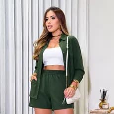 Conjunto Feminino   Camisa Social Blusa Feminina LISO Manga Longa e Short com Bolso material Crepe Elegante