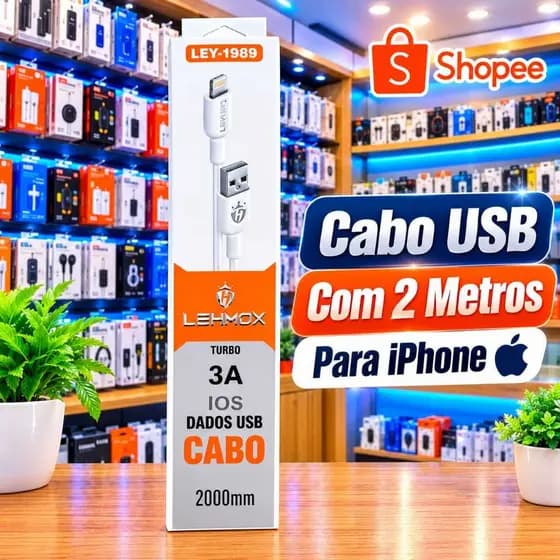 Cabo USB - iPhone 2 Metros Celular Carregamento Rápido Cor Branca Original LEHMOX Conexão Estável