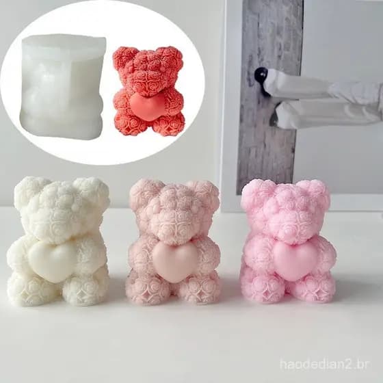 Molde de Silicone para Vela Urso de Amor Rosa Pequena, Vela Feita à Mão, Gesso, Sabonete, Decoração de Casamento para
