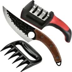 Kit Faca Profissional Damasco Com Olho De Tigre Amolador 3 Opção Garra De Urso Churrasco Cozinha