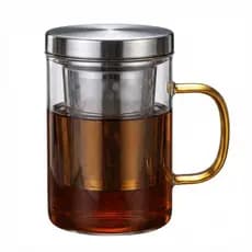 Copo Caneca de Vidro 400ml com Infusor Filtro Aço Inox Tampa Para Chá Folhas Soltas Prático Durável