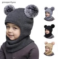 [prosperityus] 1 Peça de Gorro Infantil com Duas Bolas e Cachecol Integrado, Bonitos Gorros Balaclava para Meninos e Men