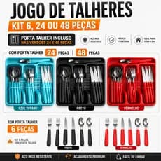 Jogo de Talheres Inox com Porta Talher Organizador Cores Tiffany Preto Vermelho