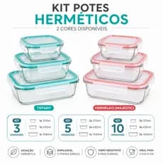Kit Potes Herméticos de Vidro com Tampa Trava Retangular ou Quadrado