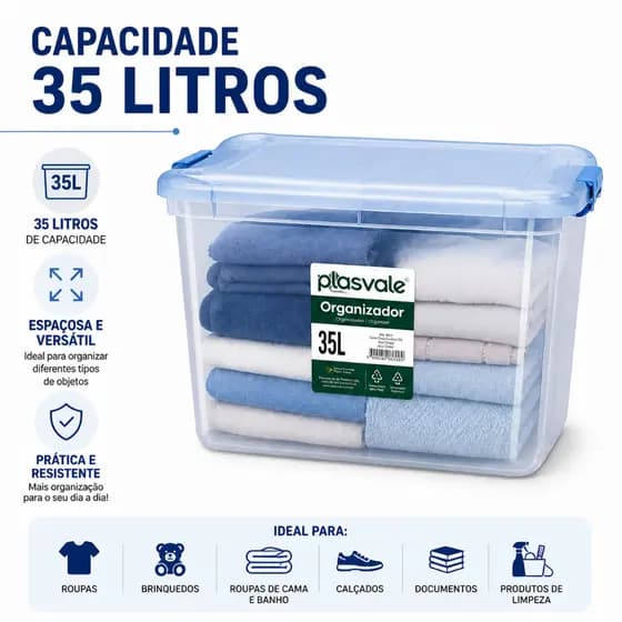 Caixas Organizadoras Grande 35 Litros Plasvale com Tampa e Travas Laterais - Plástico Resistente