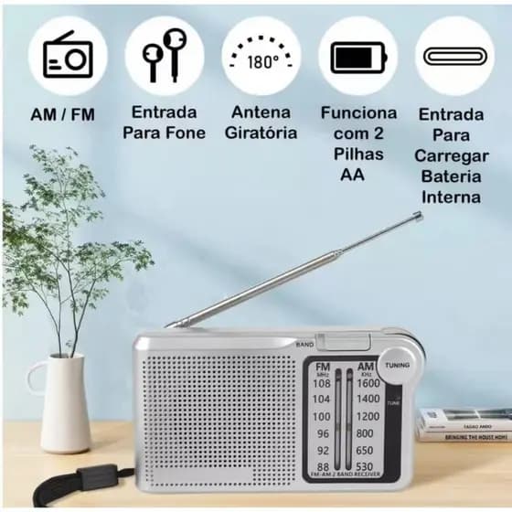 Rádio Portátil AM FM com Alimentação USB e Pilha AAA, Antena Telescópica, Som Claro