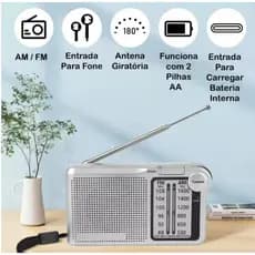 Rádio Portátil AM FM com Alimentação USB e Pilha AAA, Antena Telescópica, Som Claro