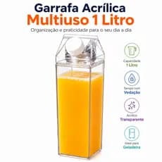 Garrafa 1 Litro Plástica Acrílica Transparente Com Tampa Para Água Leite Suco