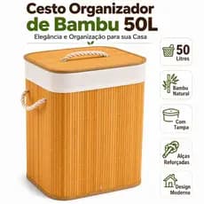 Cesto De Roupas 50 Litros Com Tampa Alça Bambu Organizador Lavanderia Closet Banheiro Multiuso Bege