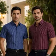Camisa Social Listrada Manga Curta Confortável Tecido Leve Premium