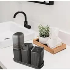 Kit Banheiro 3 Peças Dispenser Porta Algodão Escova Cor Preto
