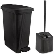 Kit Lixeira com Pedal Slim 7L Canelada e Escova Sanitaria para Limpeza Vaso Sanitario com Suporte Automatico