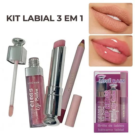 Kit 3 Lip Balm Hidratante Gloss Labial + Batom Bálsamo + Lápis de Contorno Labial Brillo de labios