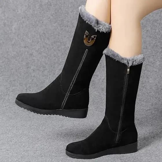 Botas de Inverno Femininas com Zíper Lateral, Sola Grossa, Bico Redondo, Forradas com Lã Quente BVLP