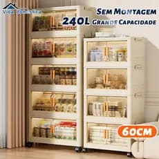 Armário Multiuso Cozinha 3-5P Rodas - 240L, Tampa, P/ Alimentos, Despensa e Brinquedos