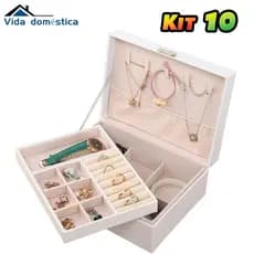 Kit 10 Caixa de Jóias Dupla Camada Couro Branca - Espaçoso e Proteção Aveludada com Fecho com Chave