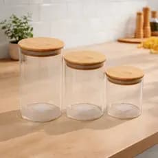 kit 3 Pote Hermético de Vidro Borossilicato 950ml com Tampa de Bambu – Organizador de Mantimentos
