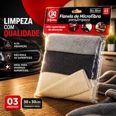 Kit 3 Flanelas de Microfibra 30x30cm Alta Absorção Limpeza Automotiva Casa Vidro Sem Risco