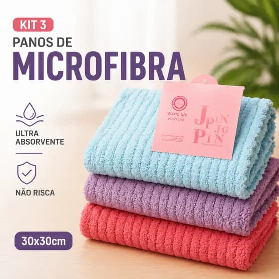 Kit 3 Panos de Microfibra 30x30cm Ultra Absorvente Não Risca Limpeza Carro Casa Premium