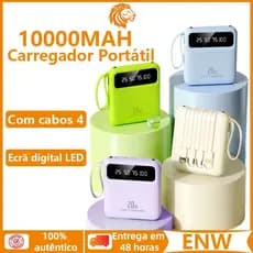 Carregador Portátil 10000mAh Power Bank  Com cabos 4 com Carga Rápida e LED