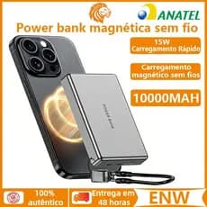 Carregador Portátil 10000mAh PD15W Carregamento Super Rápido Ultradelgado Sem Fios Magnético Display LED
