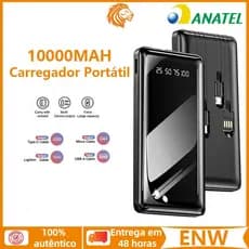 Carregador Portátil 10000mah Power Bank Universal Saida 4 Cabos LED Digital e Compatível iOS/Android