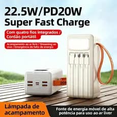 Power Bank 50000mah Carregador Portátil  Turbo 22.5W PD Rápido Com cabos 4 Em1 LED lanterna e Compatível iOS/Android
