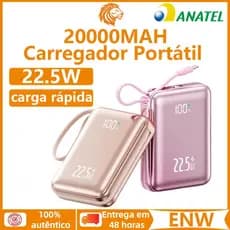 Carregador Portátil Celular 20000mah Power Bank PD 22.5W carga rápida com Cabos Embutidos