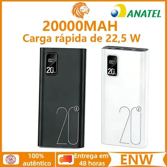 Carregador Portátil 22.5W 20000mAh Capacidade Total Carregamento Rápido Duplo USB com Display Digital