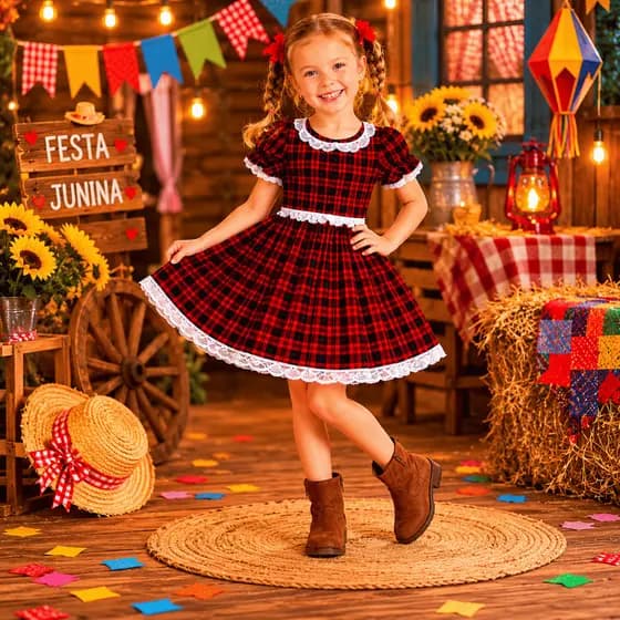 Vestido Junino Infantil Menina Xadrez Rodado Princesa Arraiá Quadrilha