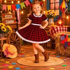 Vestido Junino Infantil Menina Xadrez Rodado Princesa Arraiá Quadrilha
