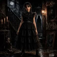 Fantasia Infantil Gótica Wandinha Vestido Preto com Cinto Halloween e Cosplay