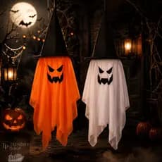Fantasma Suspenso Iluminado com Chapéu de Bruxa e LED para Decoração de Halloween