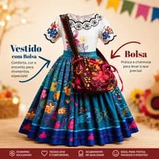 Fantasia Mirabel Infantil Vestido com Bolsa para Menina Carnaval e Festa à Fantasia