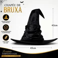 Chapéu de Bruxa Preto Adulto em Feltro para Halloween Fantasia Cosplay e Festa Temática