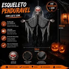 Fantasma Caveira Assustador com Som e Luz LED nos Olhos para Decoração de Halloween