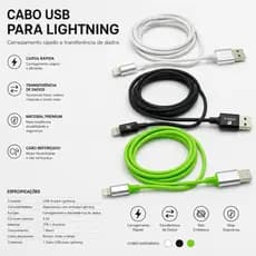 Cabo USB para Lightning 1m 2m Carregamento Rápido Compatível com IP Cores Variadas