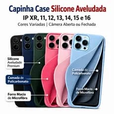 Capinha Case Silicone Aveludada IP XR 11 12 13 14 15 16 Cores Variadas Câmera Aberta Fechada