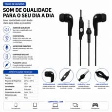 Fone de Ouvido Com Fio Preto F-060 P2 Qualidade Graves Som Musica 3,5m