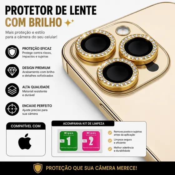 KIT Película 2 3 Câmera Lente IP Com Brilho 11 12 13 14 15 Pro Max Diamante Proteção